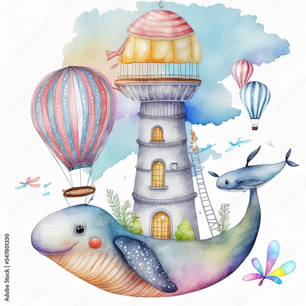 美丽的婴儿剪贴画，配可爱的水彩飞鲸灯塔和气球。C