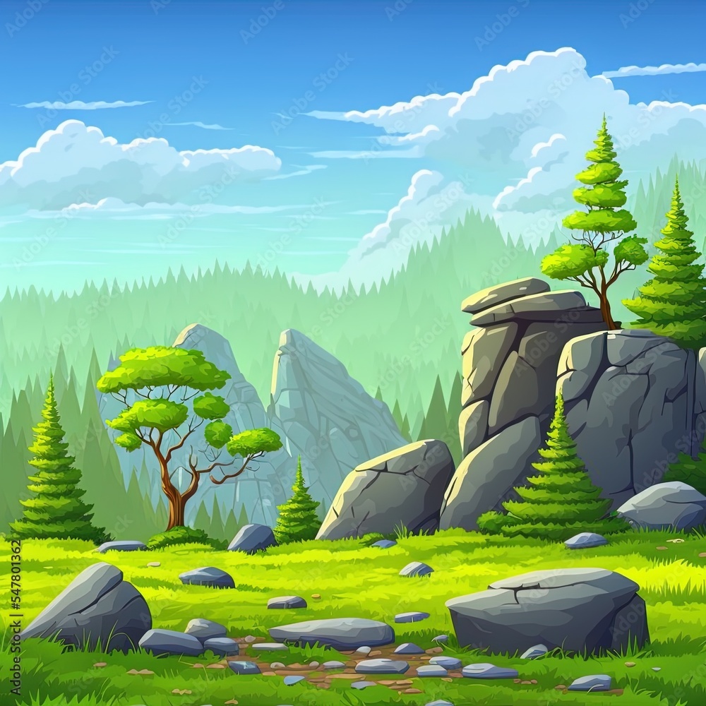 卡通自然景观绿地，蓝天白云下的针叶树和岩石。风景v