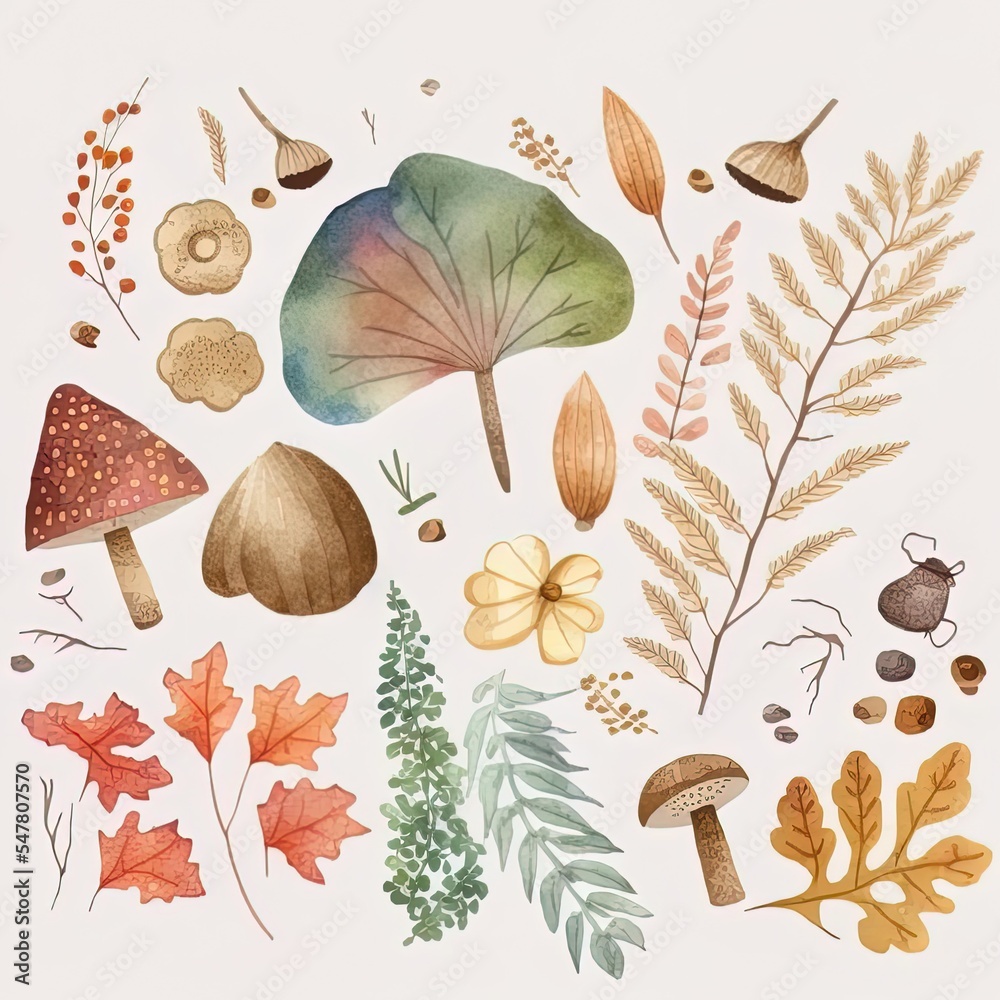复古风格的秋季元素水彩构图与她手绘秋季插图