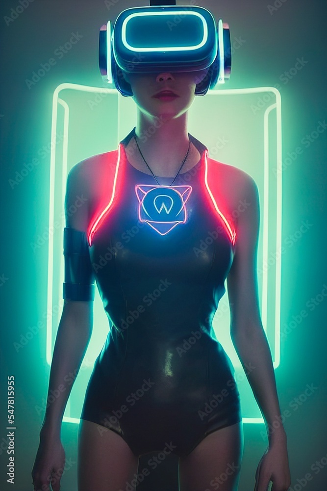 赛博朋克世界中引人注目的未来主义女性，戴着发光紫外线的VR耳机肖像