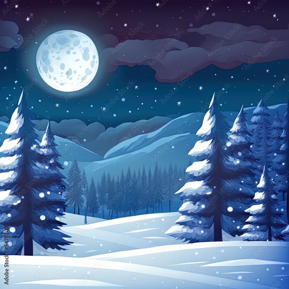 美丽的冬夜景观与月亮。圣诞背景与白雪覆盖的树木。新年快乐