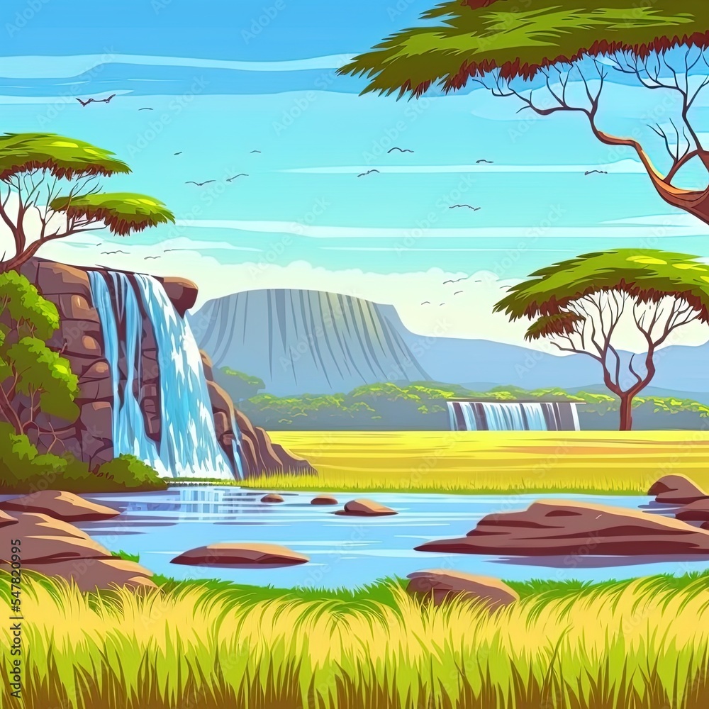 非洲大草原，地平线上有河流、瀑布、金合欢树和山脉。2d插图卡通