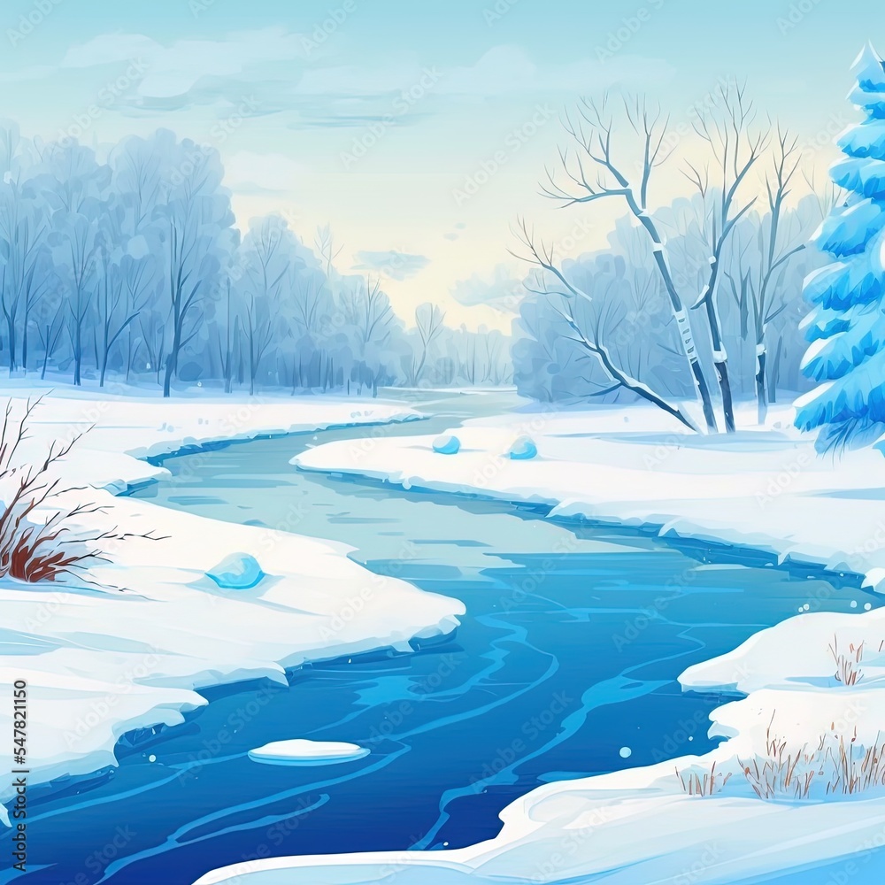 冬季冰雪景观与蓝冰。管道和水事故。季节性冬季风景自然。冬季