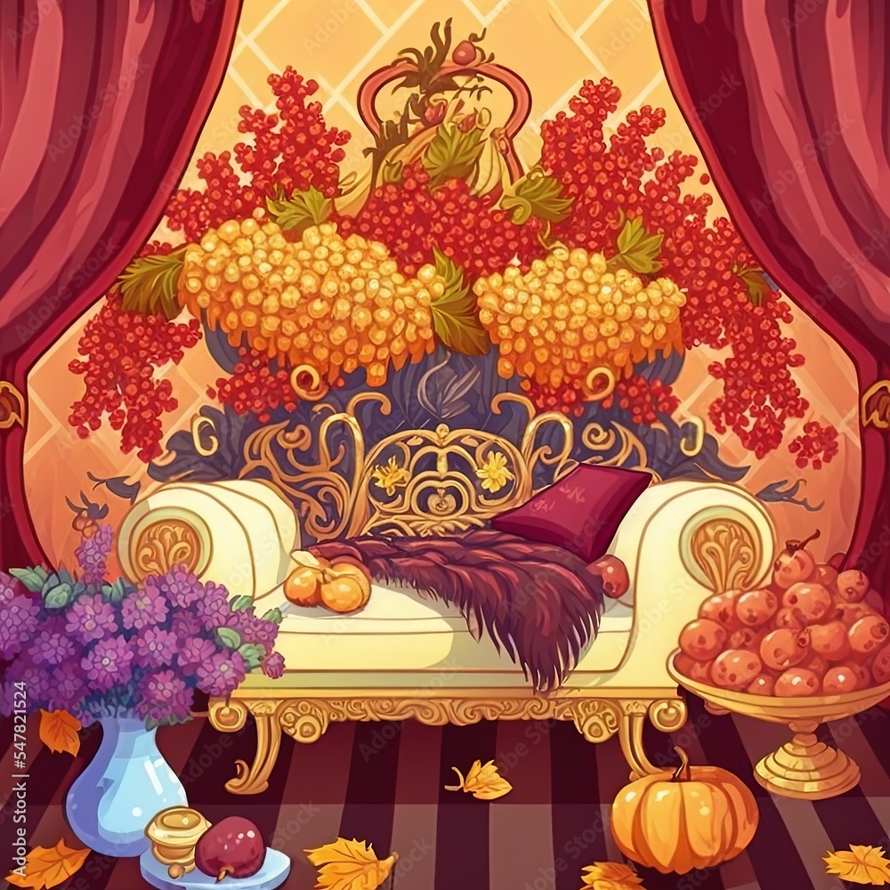 皇室家具上的秋季水果和花朵的构图，动漫风格