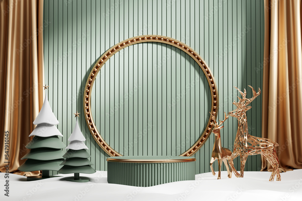 奢华圣诞快乐产品展示台，配有松树和装饰3d渲染