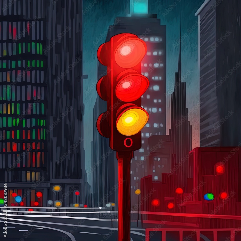 现代城市夜晚呈现红色的现代红绿灯