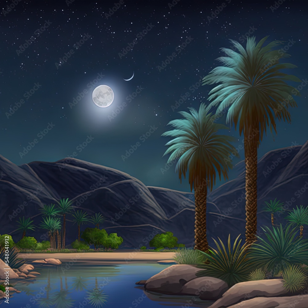 满月星空下的夜间沙漠绿洲