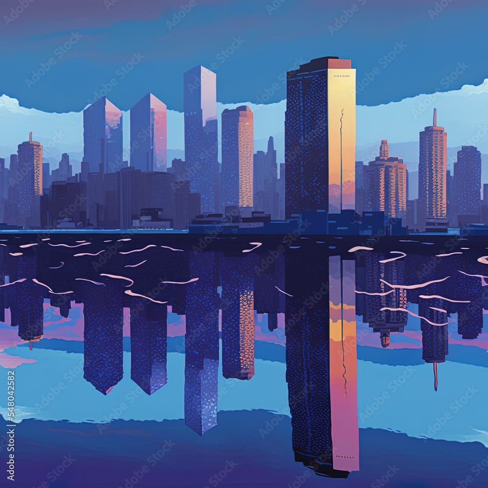 孟买市中心的玻璃摩天大楼在蓝色时刻反映出太阳卡通风格的色调