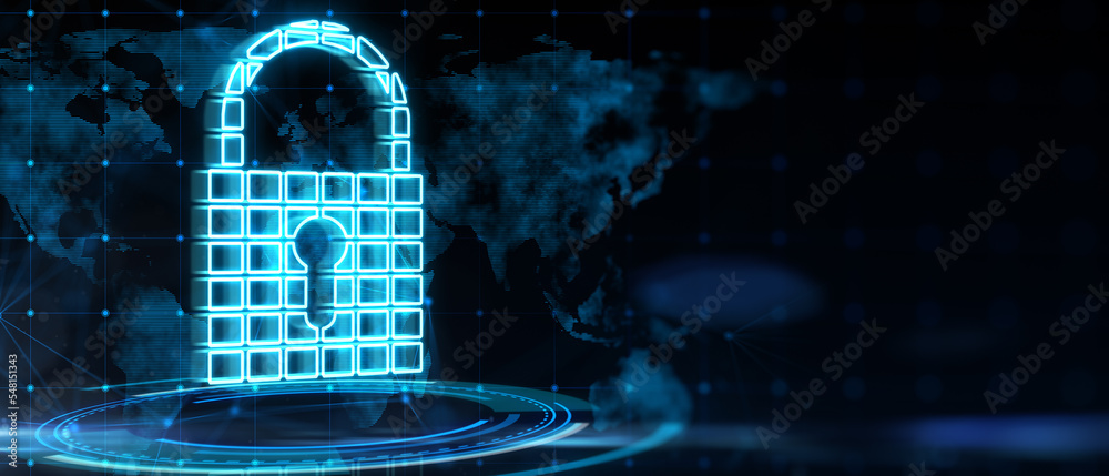 数字挂锁的网络安全和数据保护概念，钥匙孔位于蓝色圆圈上方