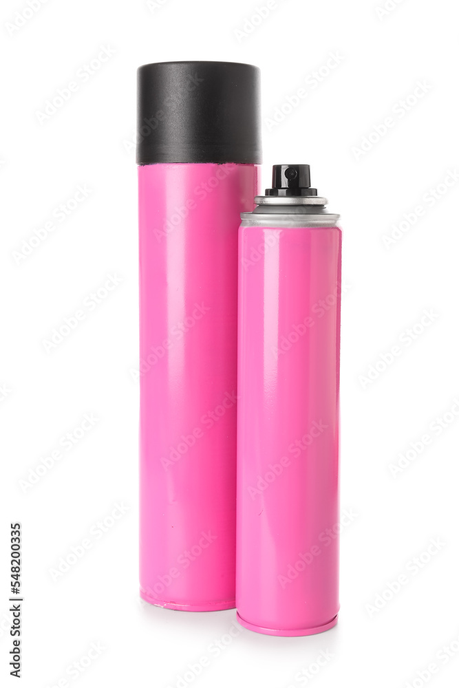 白色背景的粉红色发胶瓶