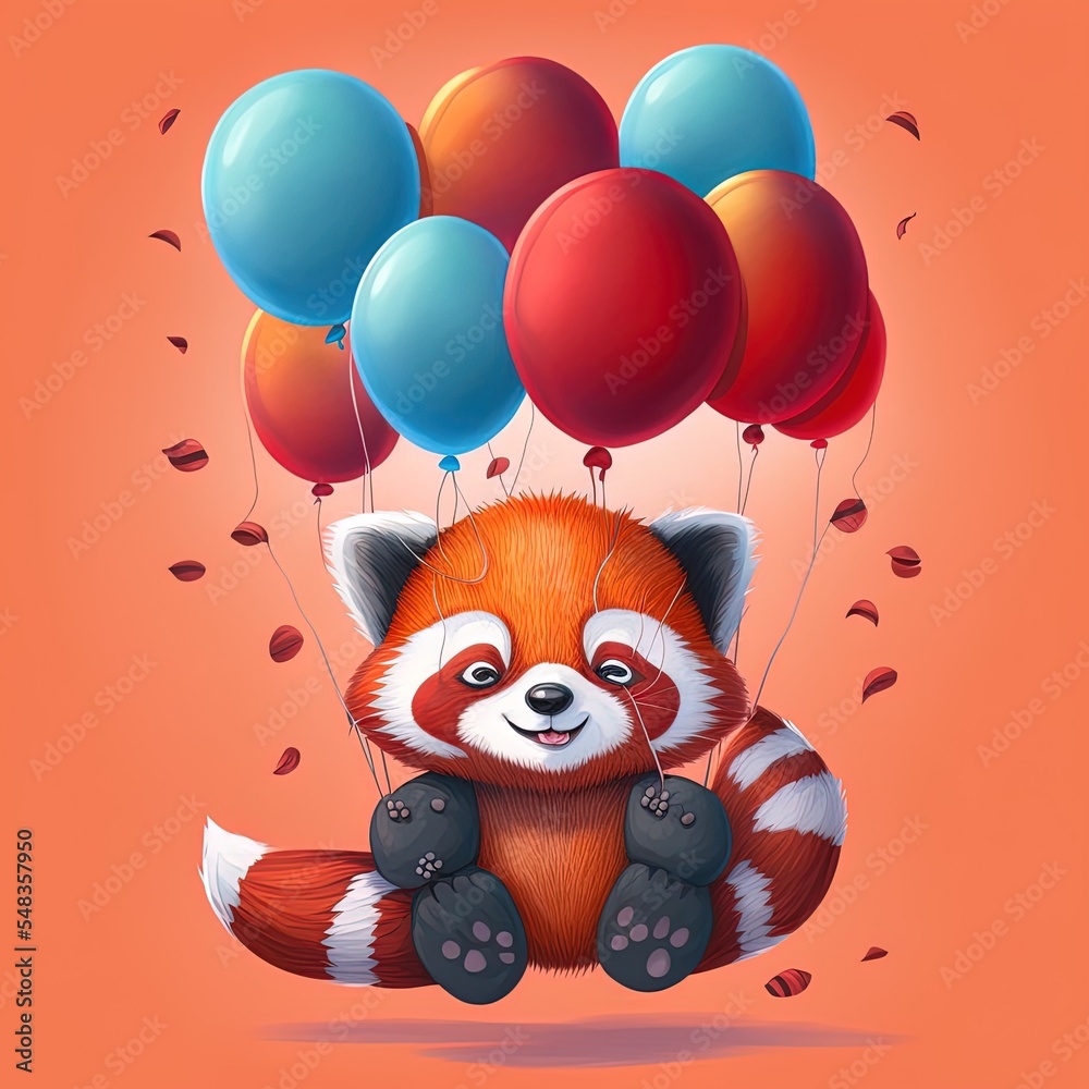 红熊猫用气球漂浮的2d插图