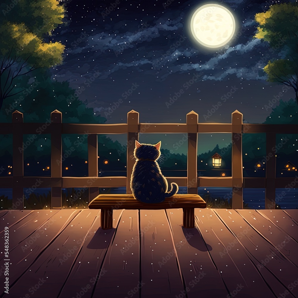可爱的猫坐在木制露台上欣赏夜景