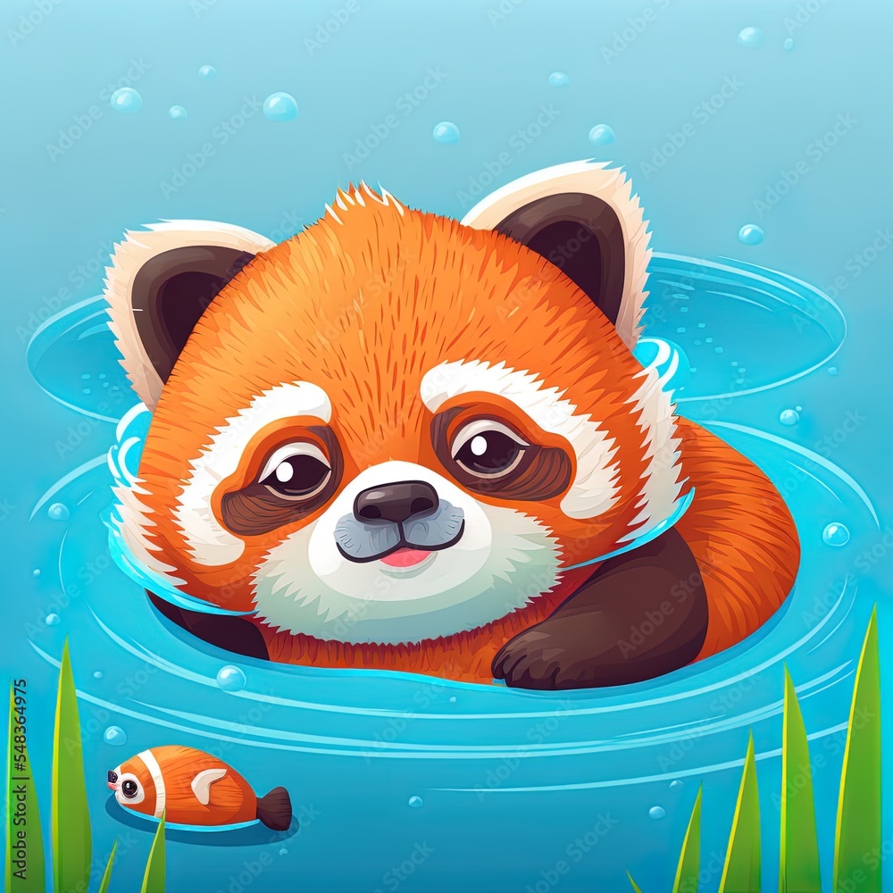 可爱的红熊猫游泳卡通2d图解图标插图