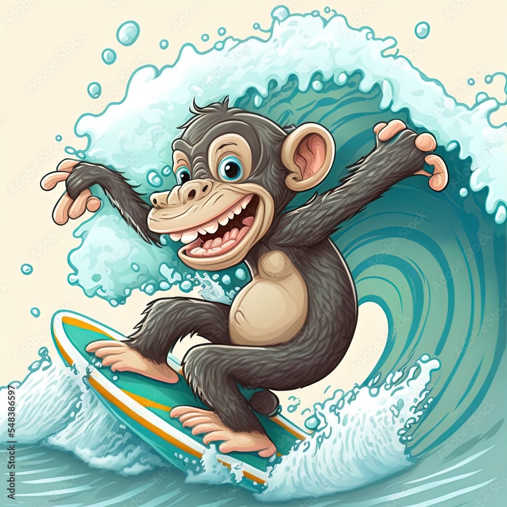 The happy chimpanzee is playing the surfing in the big wave