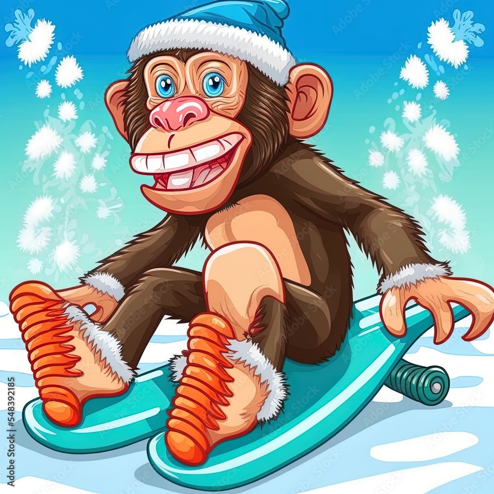 黑猩猩在冬季玩冰上滑板