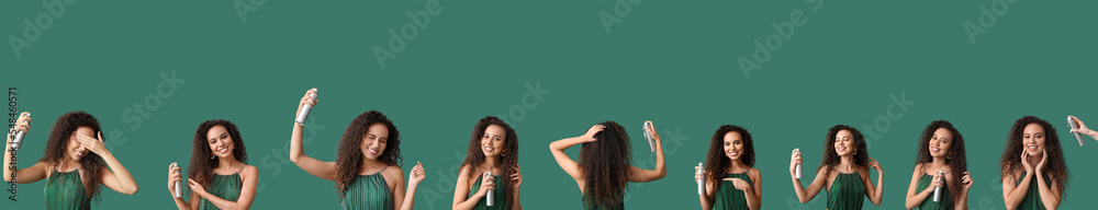 一组漂亮的非裔美国女人，绿色背景上有发胶