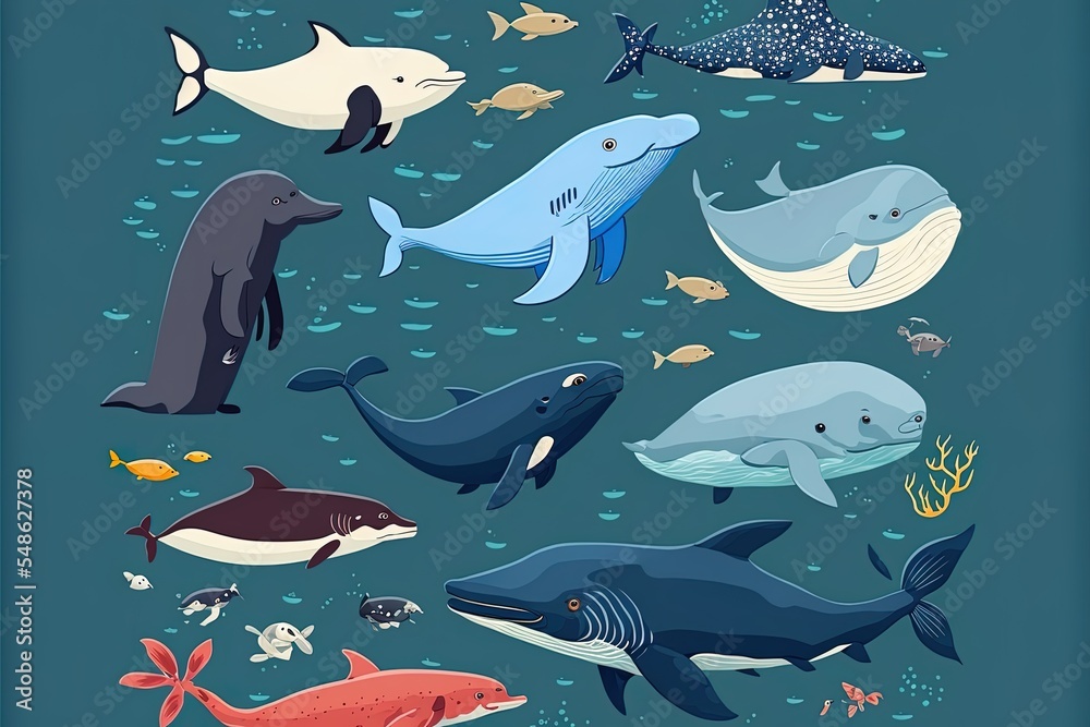 Various Marine Animals Flat Icon Cartoon Style