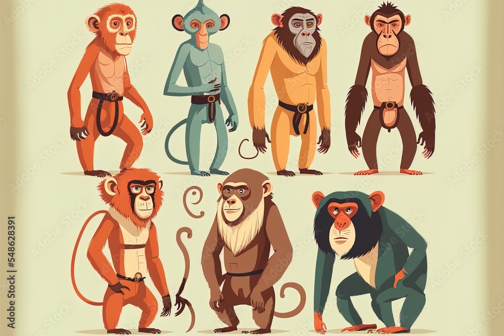 各种有趣的异国猴子和猿平面卡通风格