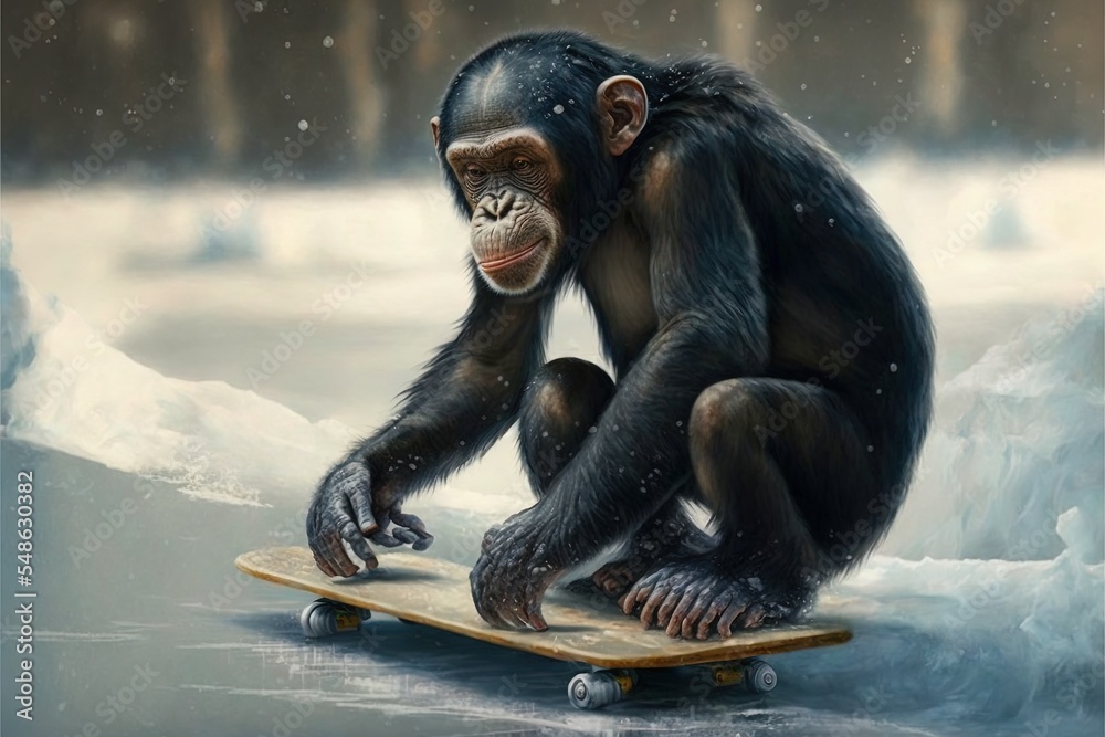 黑猩猩在冬季玩滑板游戏
