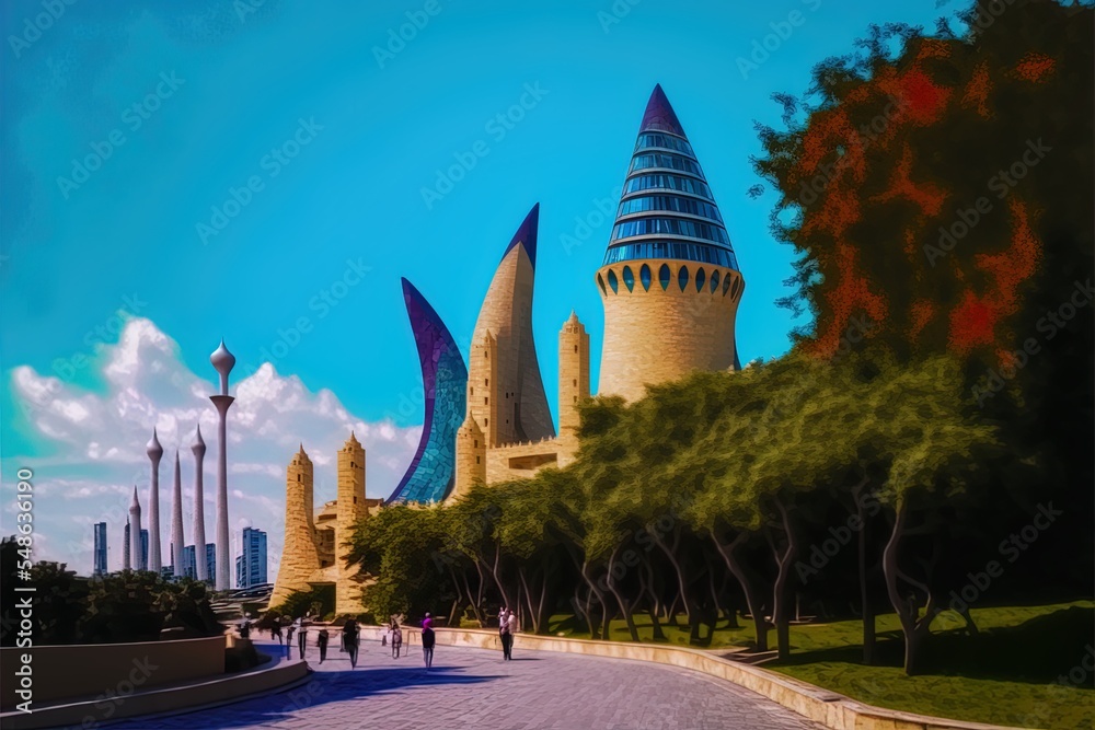 2019年阿塞拜疆巴库堤岸上的火焰塔和地毯博物馆