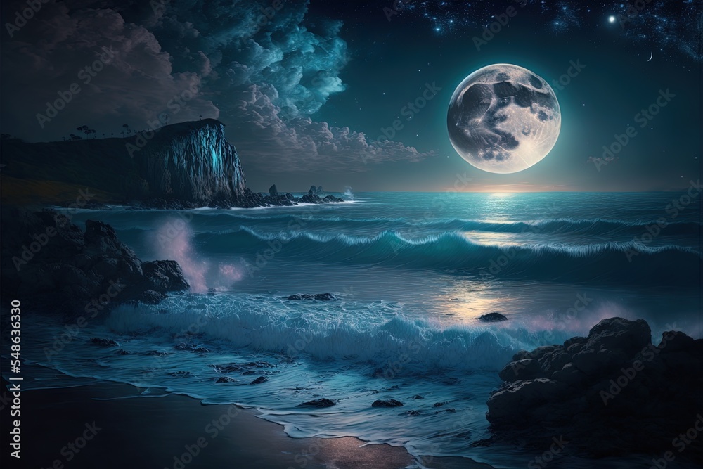 夜海洋景观满月群星闪耀