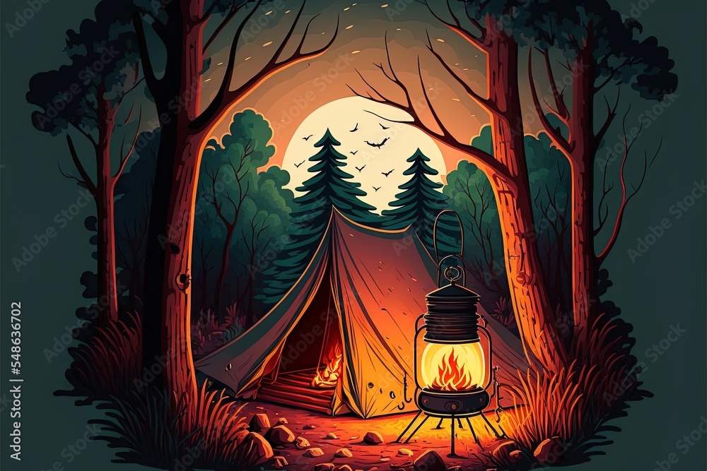 Summer Camp In Forest With Bonfire Tent Backpack And Lantern Cartoon Landscape Illustration