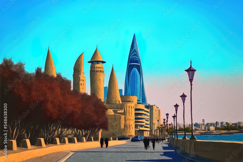 View Of The Flame Towers And The Carpet Museum From The Embankment In Baku Azerbaijan 2019