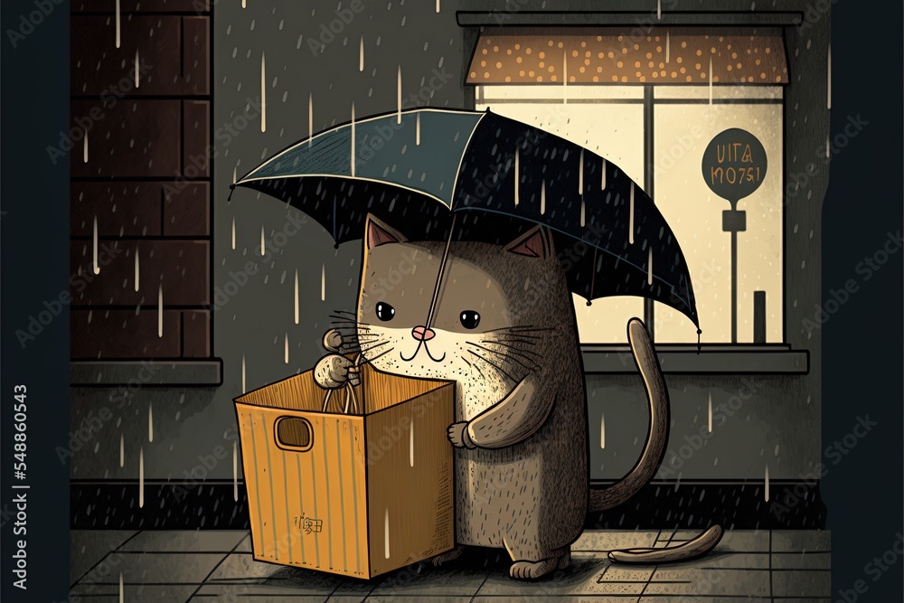 雨天，男子在街头咖啡馆前的盒子里发现猫卡通插图