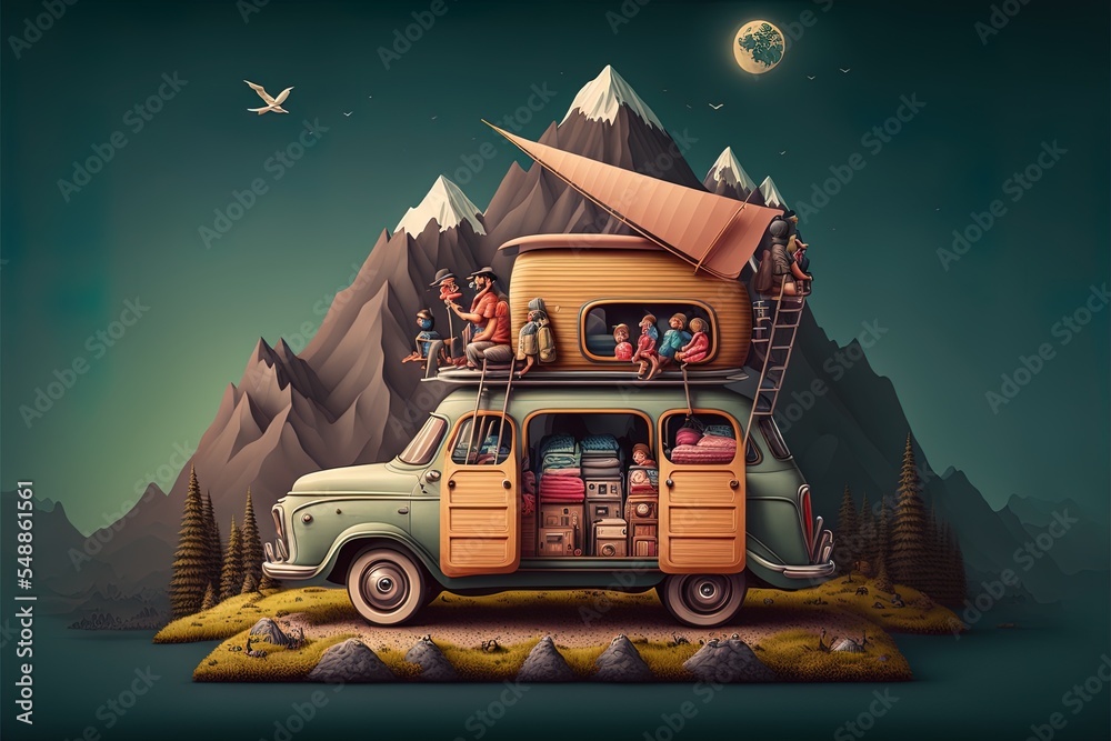 快乐的一家人带着露营设备开车旅行。