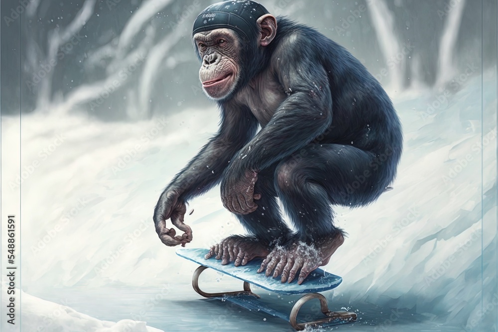 黑猩猩在冬季玩滑板游戏