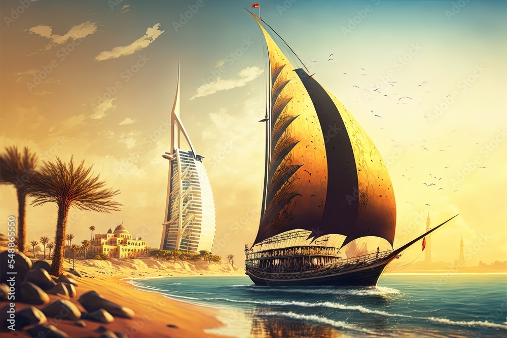 著名酒店Burj Al Arab的美景。海湾上的传统阿拉伯Dhow帆船。
