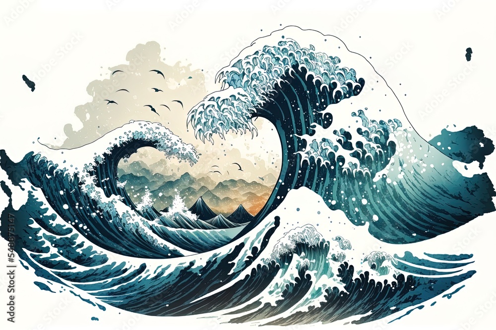 日本风格的波浪。海浪，海浪飞溅，风暴波。2D插图