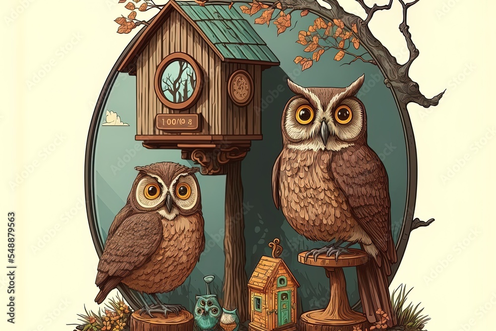 Couple Of Owls, Birdhouse, Camera And Mirror. Elements Cartoon Style