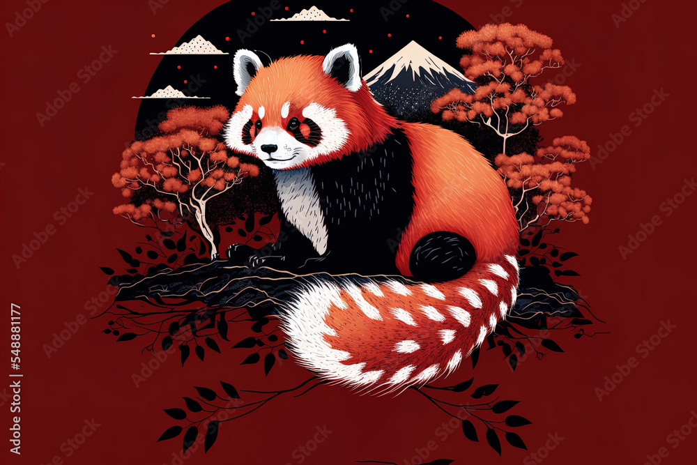 以日本风格插图为背景的红熊猫设计