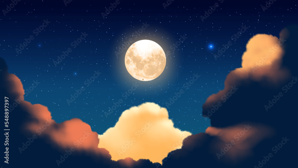 夜晚积雨云的矢量图，背景是星夜和大满月