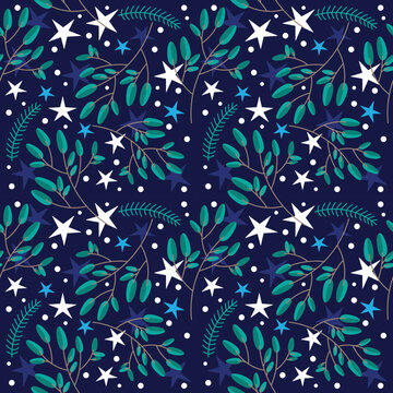 冬季无缝矢量花卉图案，深蓝色背景上有绿色树枝、树叶和星星