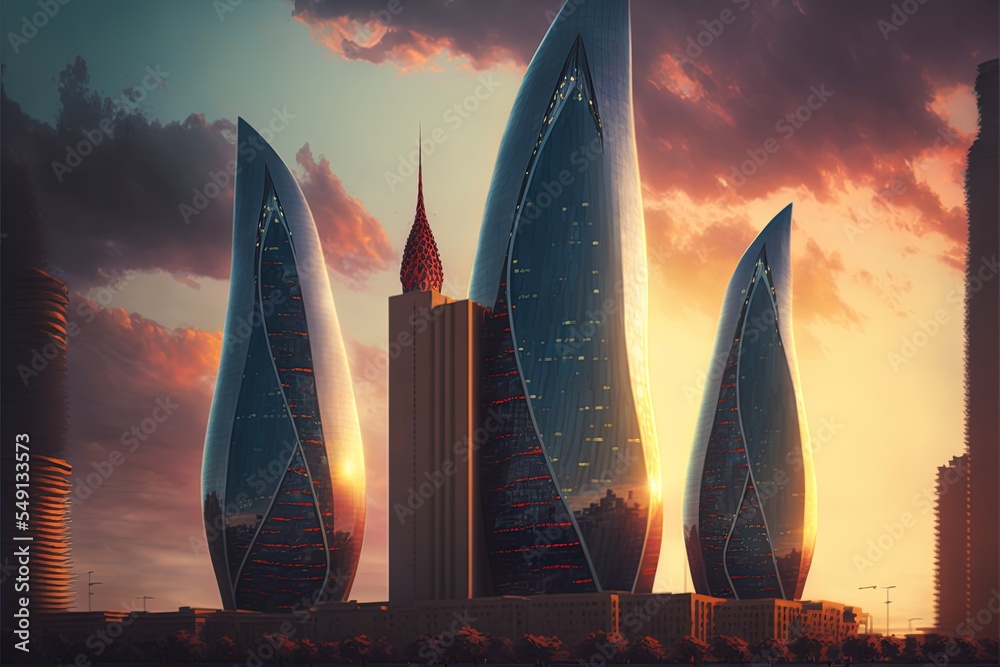 巴库火焰塔是阿塞拜疆巴库最高的摩天大楼，高190米。该建筑