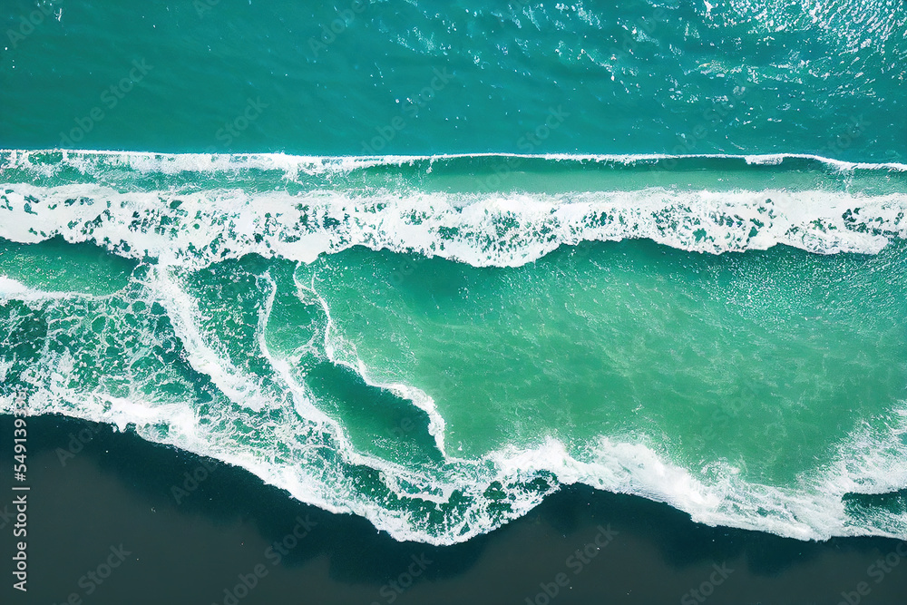 无人机拍摄的美丽海滩的壮观俯视图，阳光充足，海水波涛汹涌