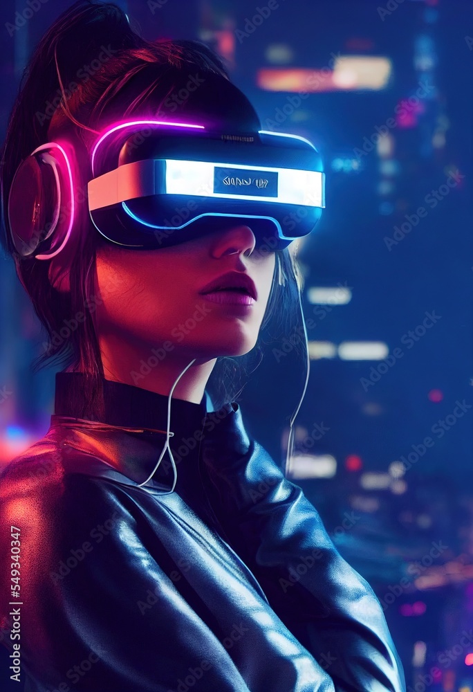 赛博朋克世界中引人注目的未来主义女性，戴着发光紫外线的VR耳机肖像