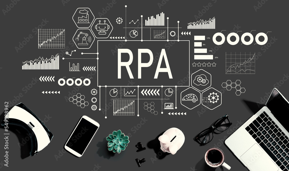 机器人过程自动化RPA主题与电子设备和办公用品-平放