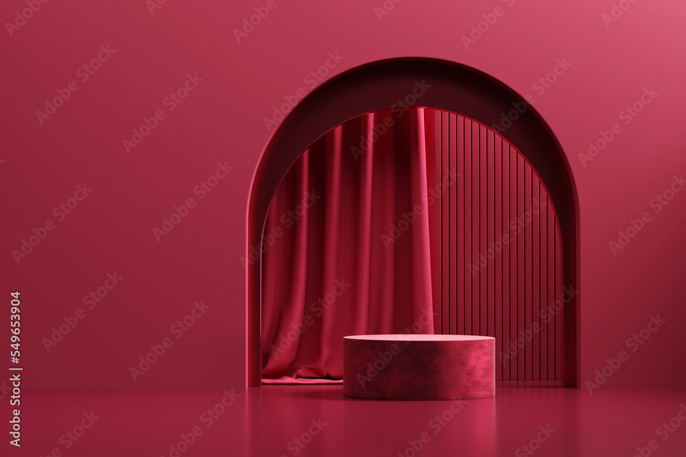 抽象的静物优雅红色天鹅绒讲台产品展示，带窗帘三维渲染