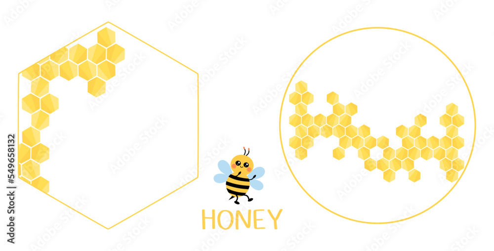 蜜蜂蜂蜜六边形，圆形标志标志和蜜蜂卡通隔离在白色背景矢量illustra上