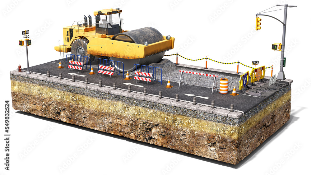 地面上道路工程的概念，使用压路机铺设沥青的过程，翻新