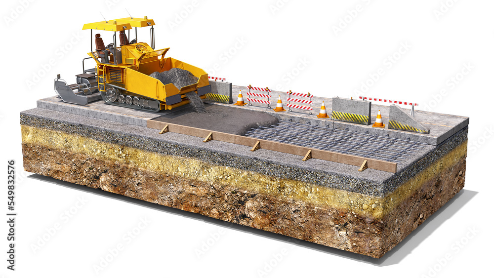 在一块土地上进行道路工程的概念，摊铺机用混凝土填充路段，道路制造