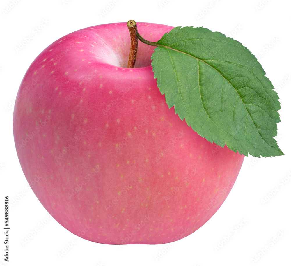 白色背景上的粉红色苹果，白色背景上有叶子的新鲜粉红色苹果PNG文件。