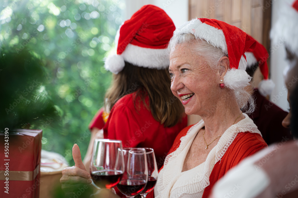 一位老妇人在与家人庆祝圣诞节时碰杯。
