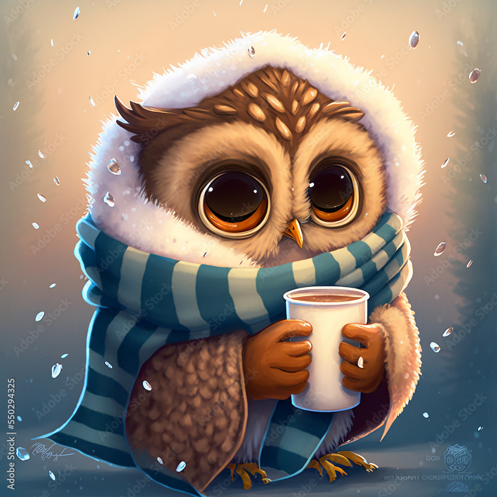 可爱的小猫头鹰宝宝在冬季衣橱里拿着一杯热饮，冬季主题