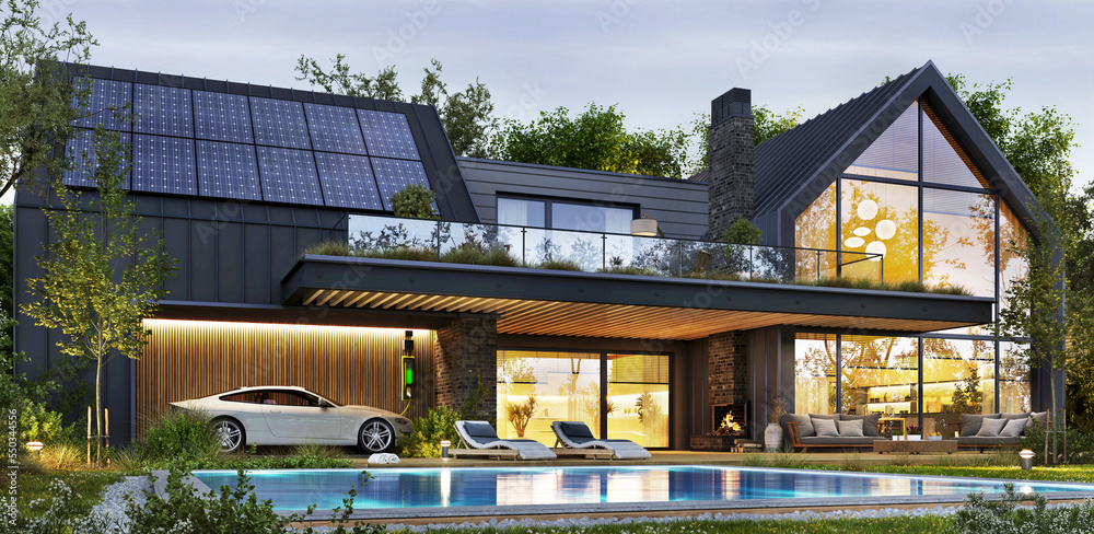 带太阳能电池板和游泳池的现代住宅夜景