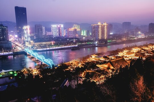 Evening cityscape  view of the Yellow River,  Lanzhou, China