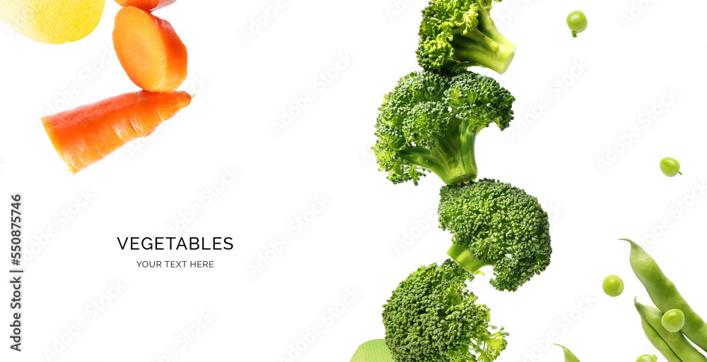 Creative layout made of green broccoli, green peas and orange carrot on the white background. Flat l